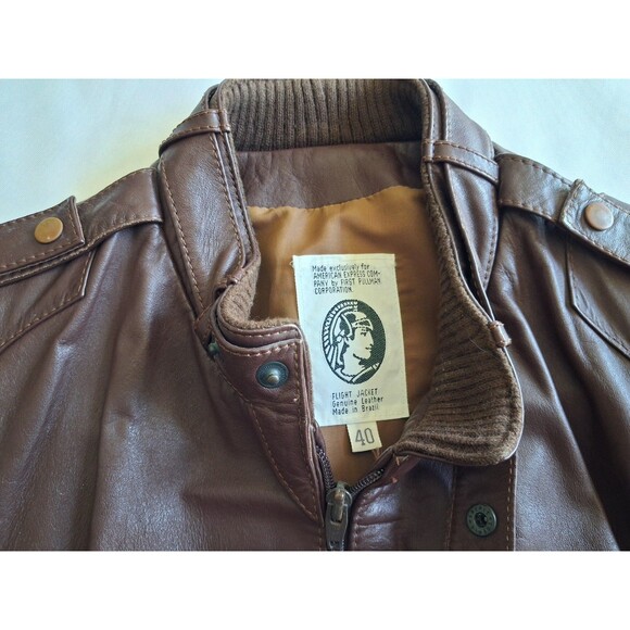 1980's American Express Leather Flight Jacket Men’s Size 40 Full Zip Dark Brown - Picture 3 of 16